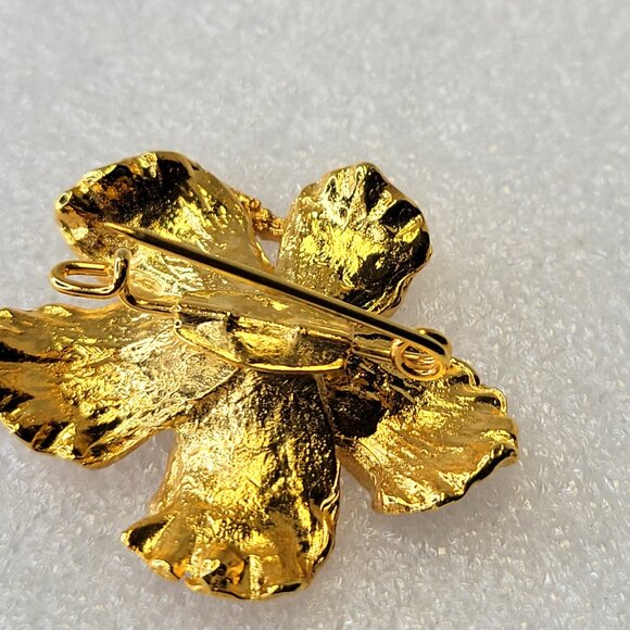 Gold Plated Hibiscus Brooch Medium Size Pin - Picture 3 of 5